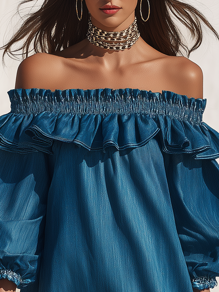 Mini Vestido de Mezclilla Estilo Resort con Hombros Descubiertos, Volantes y Manga Tres Cuartos
