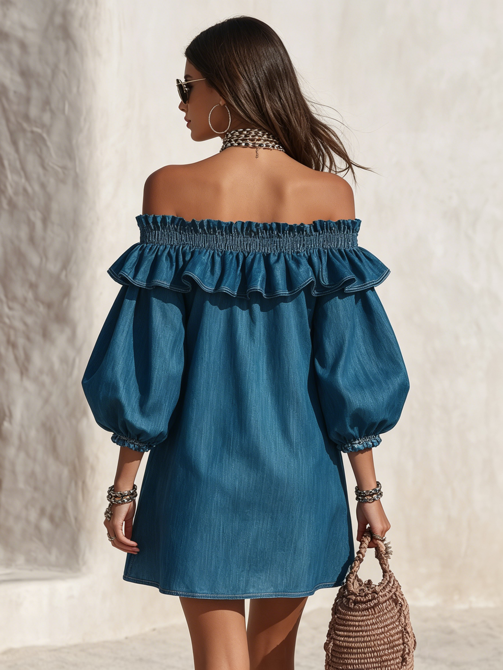 Mini Vestido de Mezclilla Estilo Resort con Hombros Descubiertos, Volantes y Manga Tres Cuartos