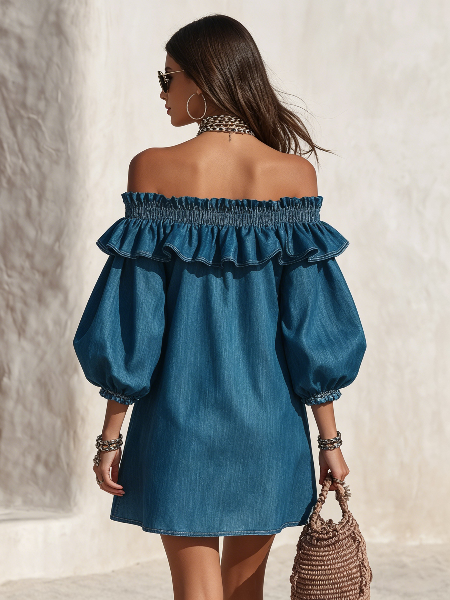 Mini Vestido de Mezclilla Estilo Resort con Hombros Descubiertos, Volantes y Manga Tres Cuartos