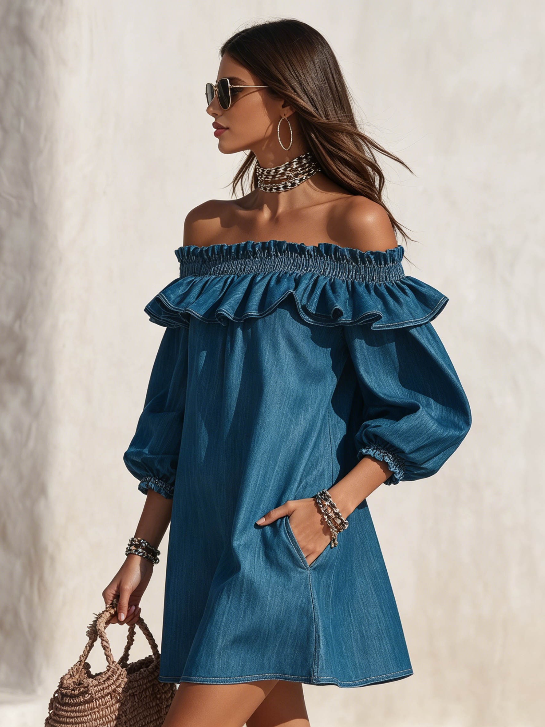Mini Vestido de Mezclilla Estilo Resort con Hombros Descubiertos, Volantes y Manga Tres Cuartos