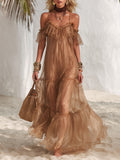 Vestido Maxi Bohemio de Vacaciones Color Caramelo con Volantes
