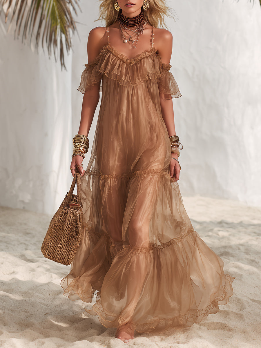Vestido Maxi Bohemio de Vacaciones Color Caramelo con Volantes