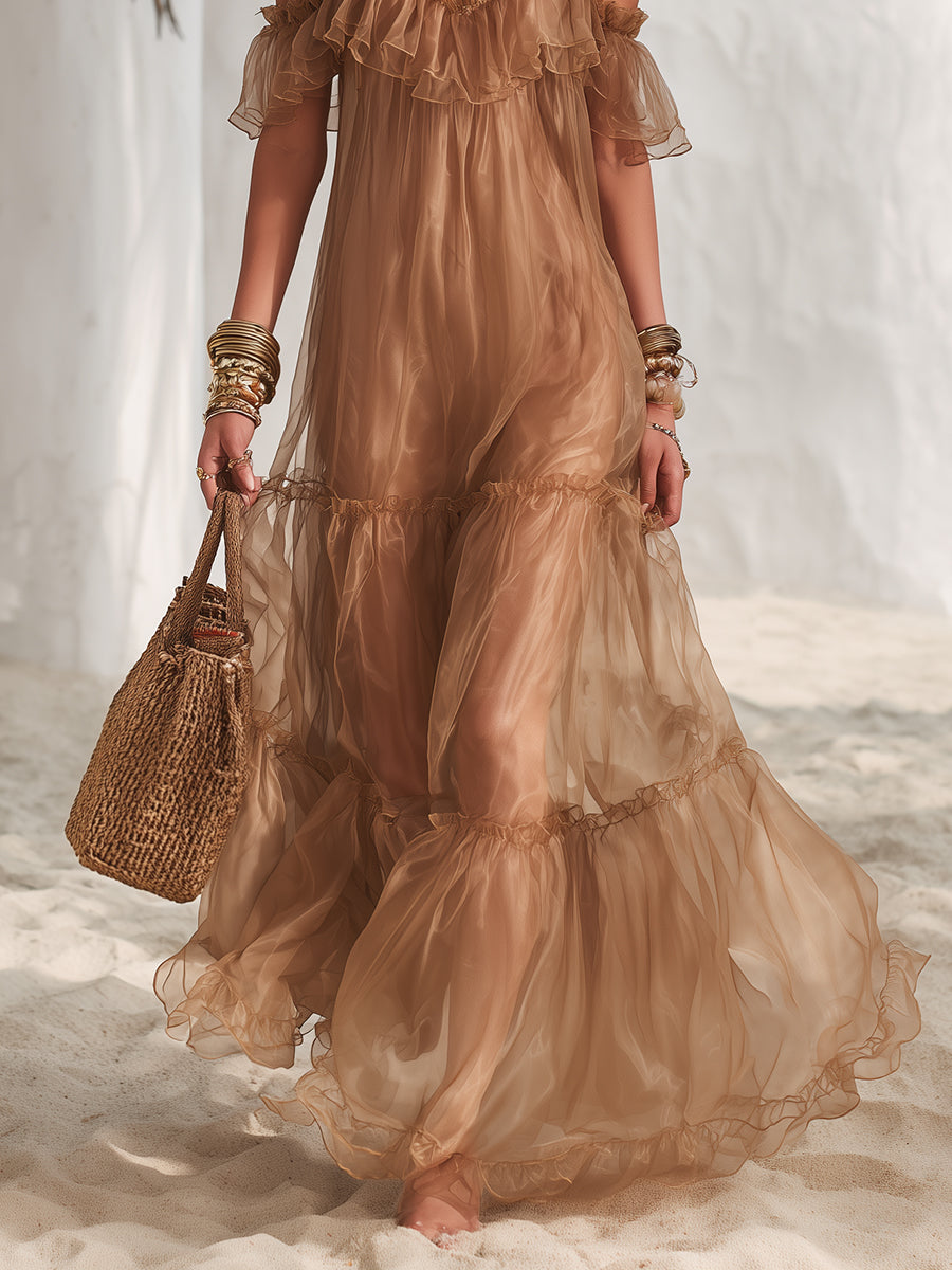 Vestido Maxi Bohemio de Vacaciones Color Caramelo con Volantes