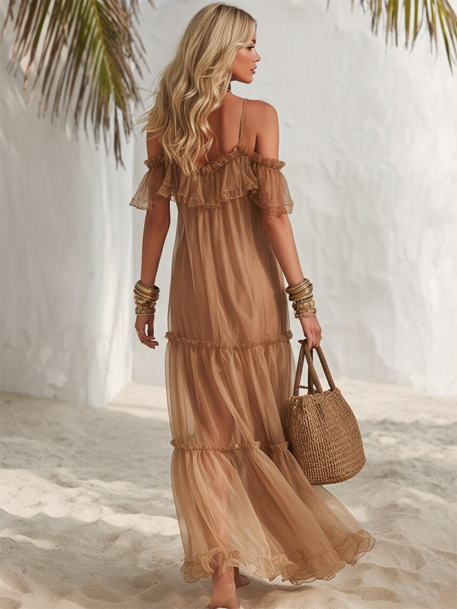 Vestido Maxi Bohemio de Vacaciones Color Caramelo con Volantes