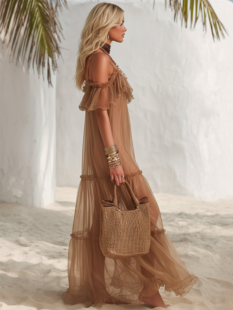 Vestido Maxi Bohemio de Vacaciones Color Caramelo con Volantes