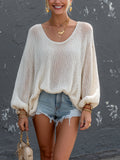 Top Suéter Chic Elegante Blanco Crema con Cuello Redondo y Mangas Farol en Malla