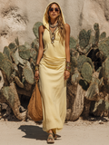 Vestido Maxi Amarillo Claro de Algodón-Lino con Capucha y Plisado Estilo Desierto Errante