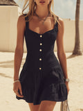 Mini Vestido Negro Bohemio de Algodón-Lino con Botonadura sin Mangas Estilo Resort