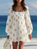 Mini Vestido Estampado de Cuello Cuadrado y Mangas Farol Estilo Resort