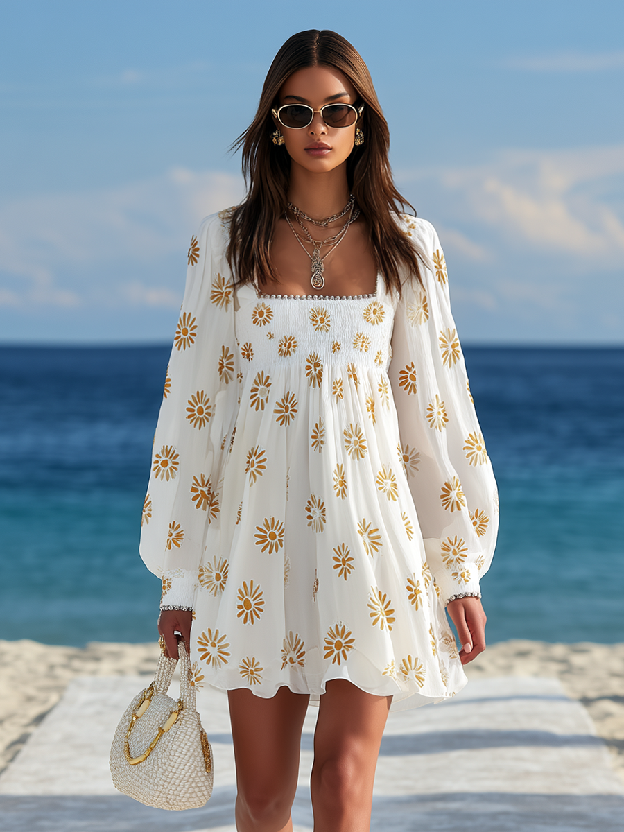 Mini Vestido Estampado de Cuello Cuadrado y Mangas Farol Estilo Resort