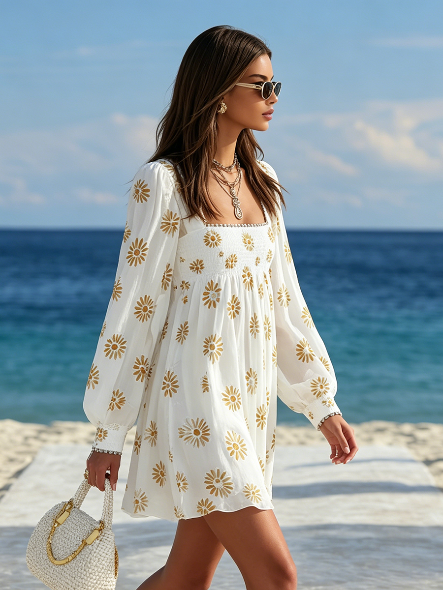 Mini Vestido Estampado de Cuello Cuadrado y Mangas Farol Estilo Resort
