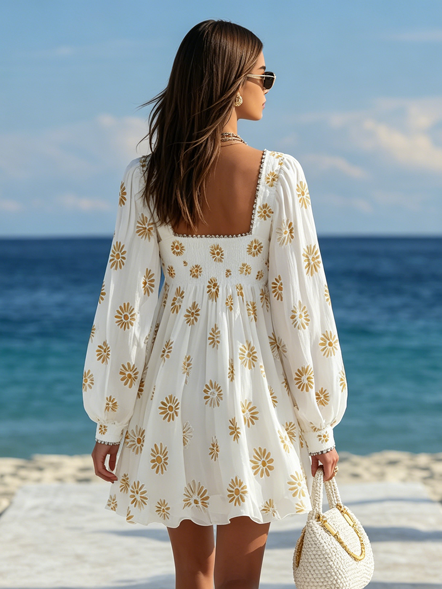Mini Vestido Estampado de Cuello Cuadrado y Mangas Farol Estilo Resort