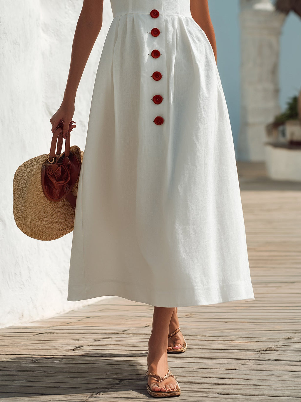 Vestido Midi Blanco de Mezcla de Lino con Botonadura Frontal Estilo Capri
