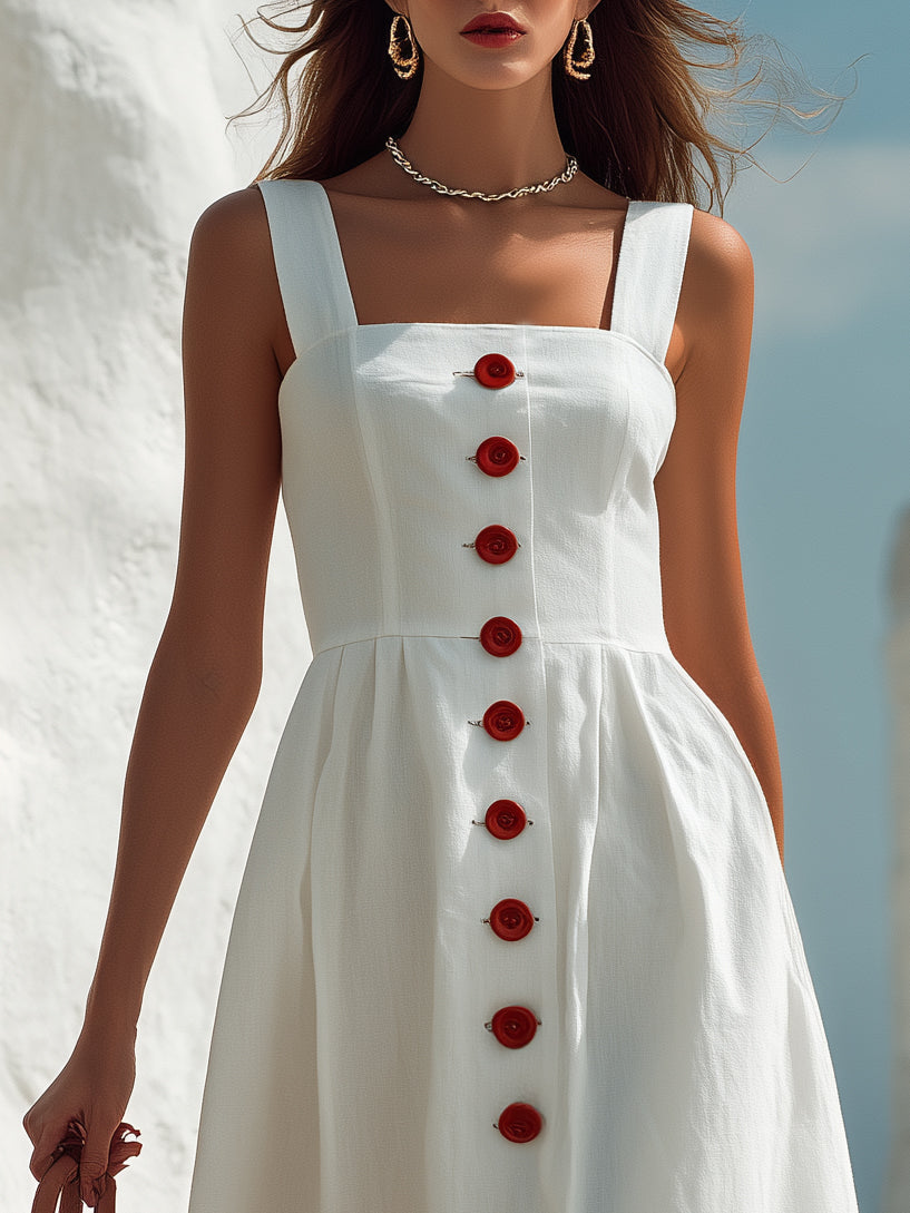 Vestido Midi Blanco de Mezcla de Lino con Botonadura Frontal Estilo Capri