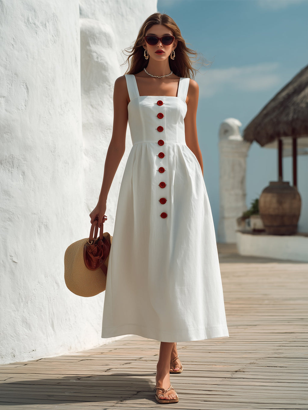 Vestido Midi Blanco de Mezcla de Lino con Botonadura Frontal Estilo Capri