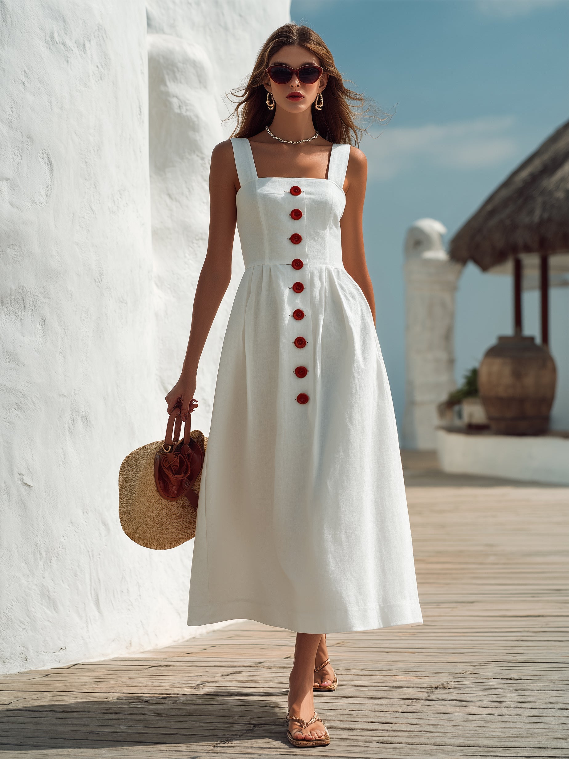 Vestido Midi Blanco de Mezcla de Lino con Botonadura Frontal Estilo Capri