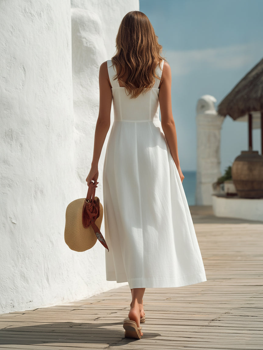 Vestido Midi Blanco de Mezcla de Lino con Botonadura Frontal Estilo Capri
