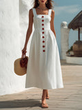 Vestido Midi Blanco de Mezcla de Lino con Botonadura Frontal Estilo Capri