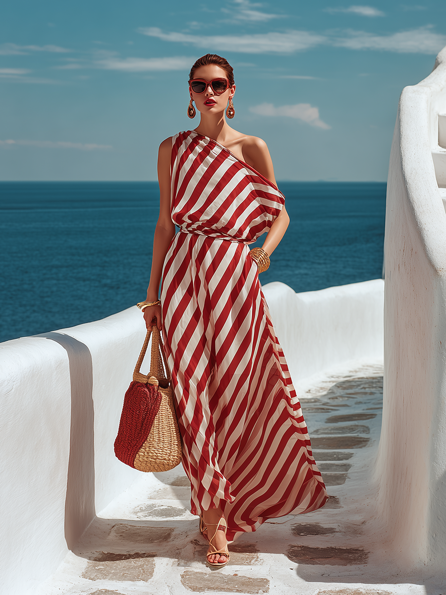 Vestido Maxi de Chiffon a Rayas Rojas y Blancas de un Solo Hombro Estilo Playa