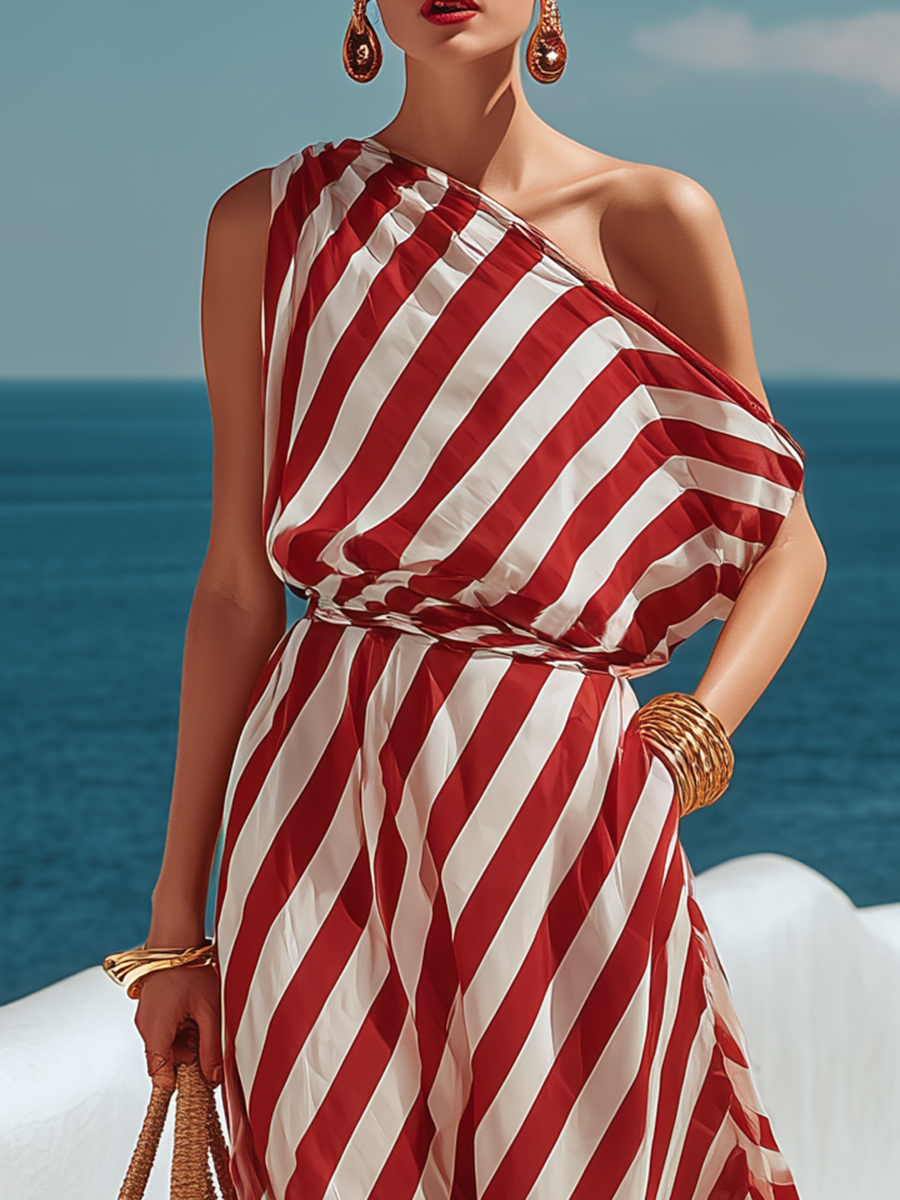 Vestido Maxi de Chiffon a Rayas Rojas y Blancas de un Solo Hombro Estilo Playa