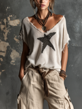 Top Suéter Chic Casual Blanco con Cuello en V, Estampado de Estrellas y Mangas Dólman