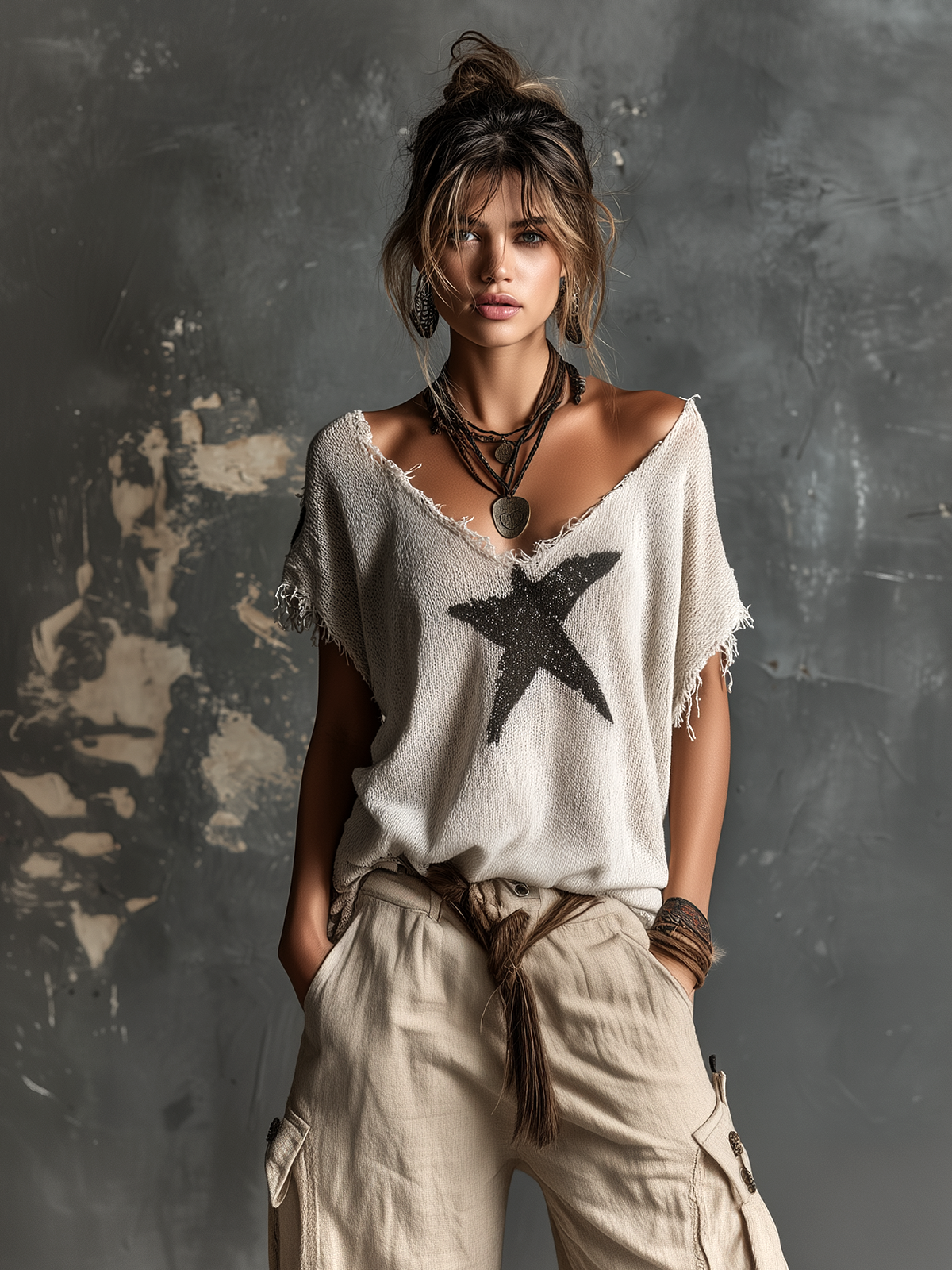 Top Suéter Chic Casual Blanco con Cuello en V, Estampado de Estrellas y Mangas Dólman