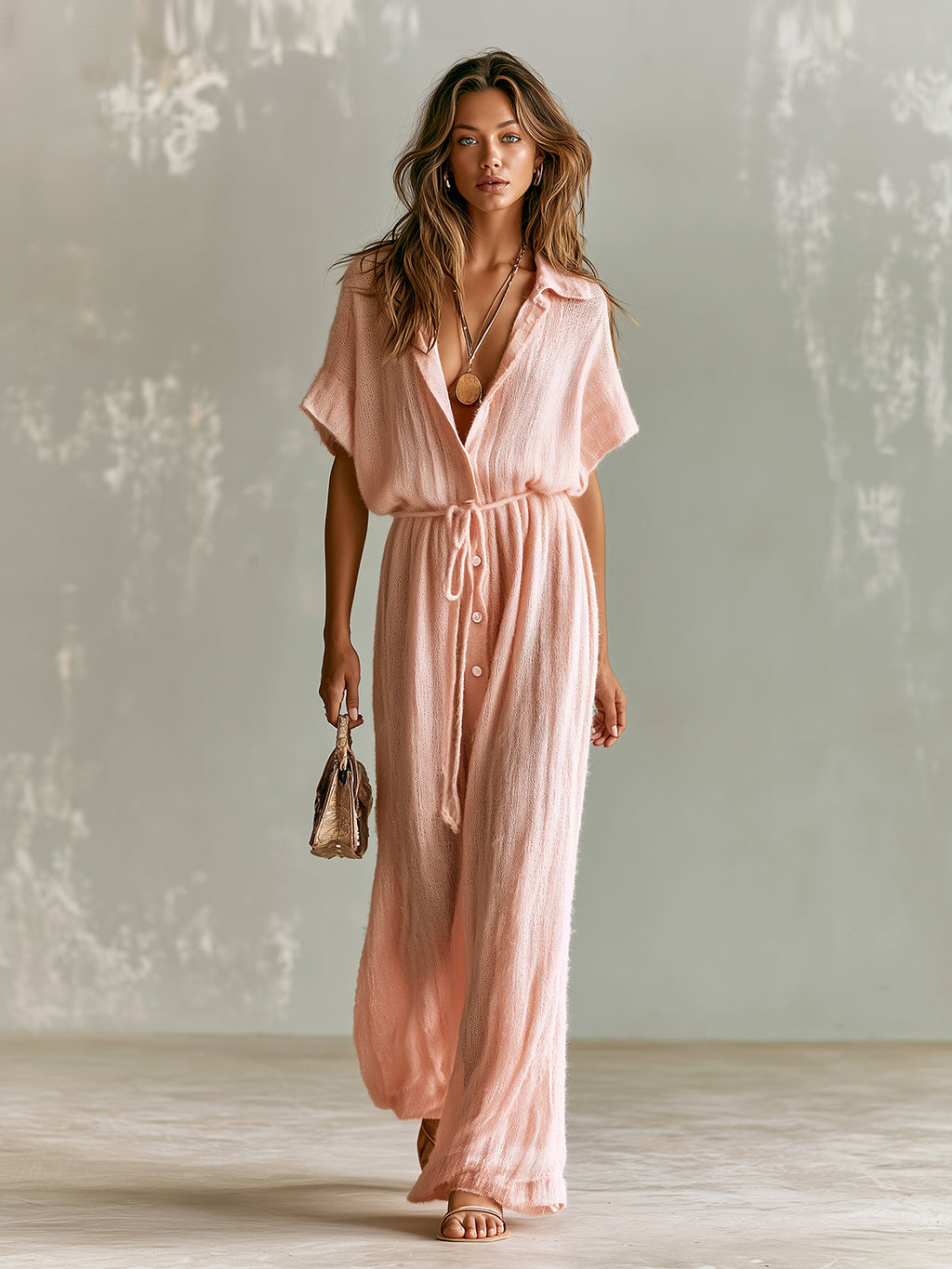 Mono Chic Elegante Rosa con Cuello Solapa, Manga Corta, Botonadura y Pierna Ancha