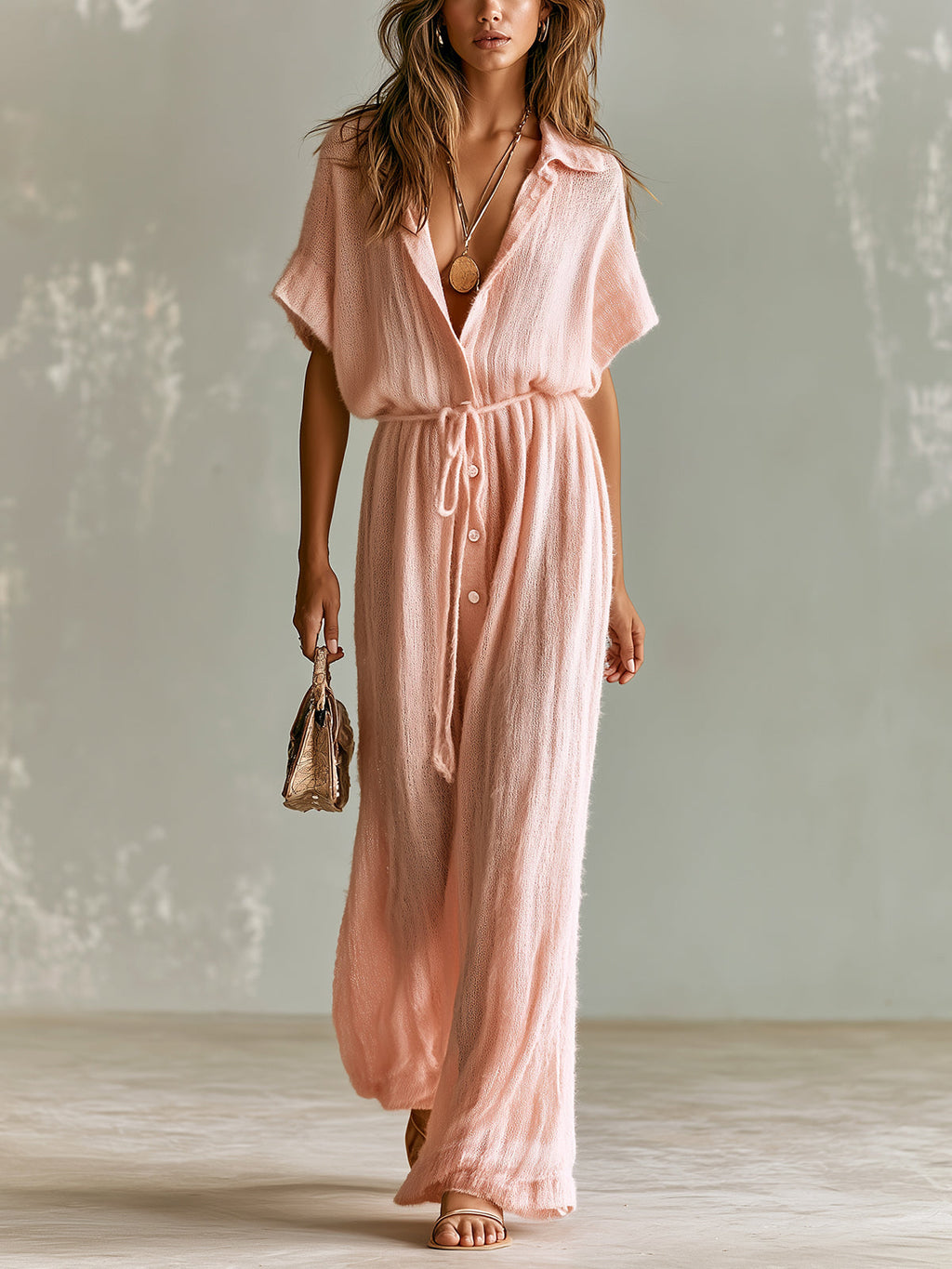 Mono Chic Elegante Rosa con Cuello Solapa, Manga Corta, Botonadura y Pierna Ancha