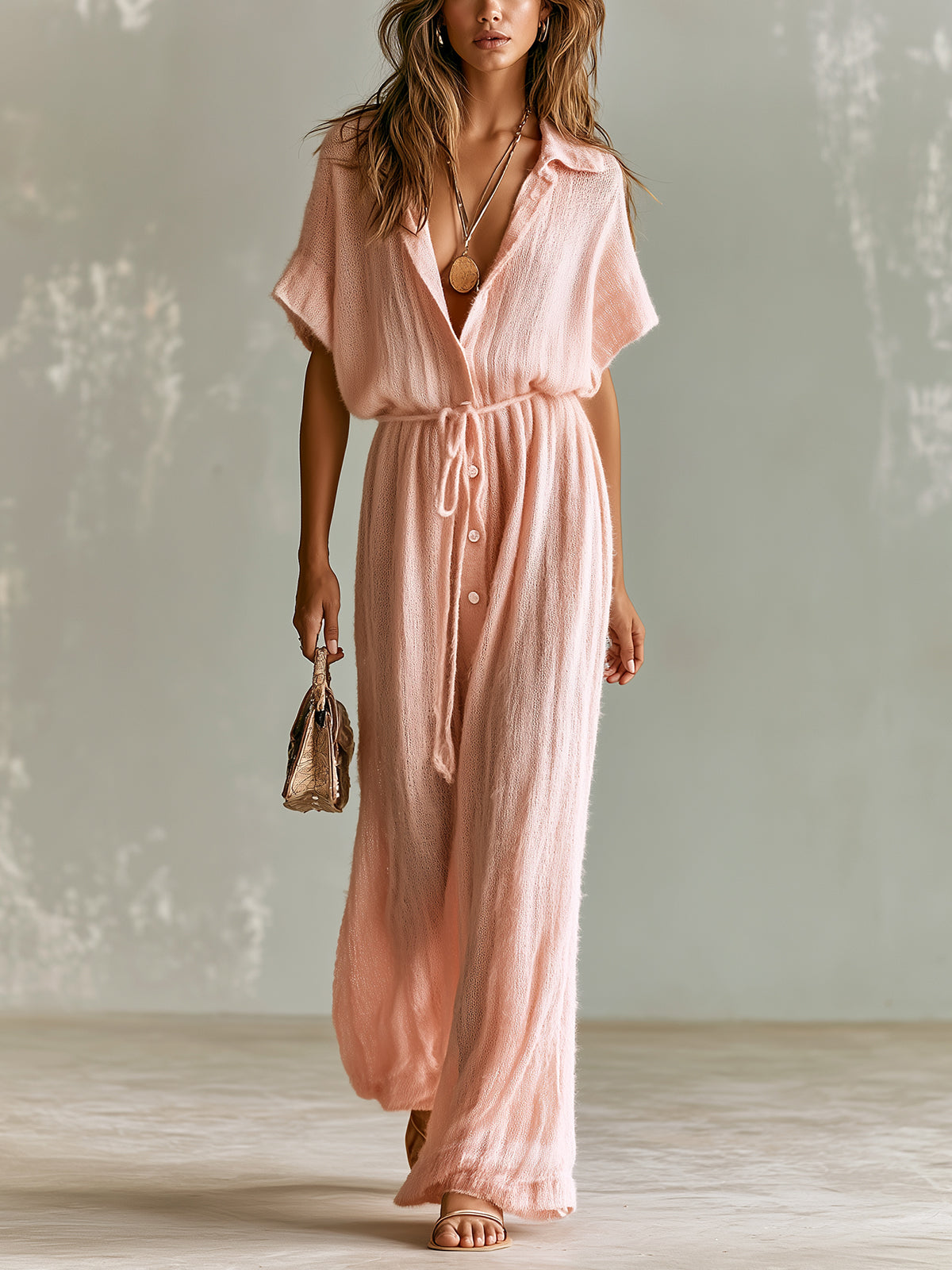 Mono Chic Elegante Rosa con Cuello Solapa, Manga Corta, Botonadura y Pierna Ancha