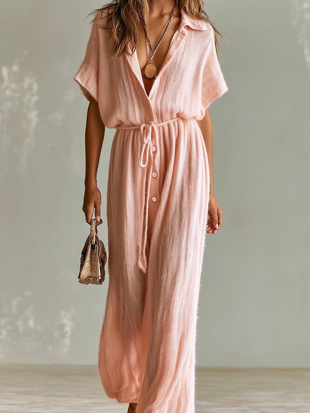 Mono Chic Elegante Rosa con Cuello Solapa, Manga Corta, Botonadura y Pierna Ancha