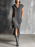 Vestido Midi Chic Elegante Gris con Cuello Solapa, Botonadura, Bolsillos de Parche y Abertura