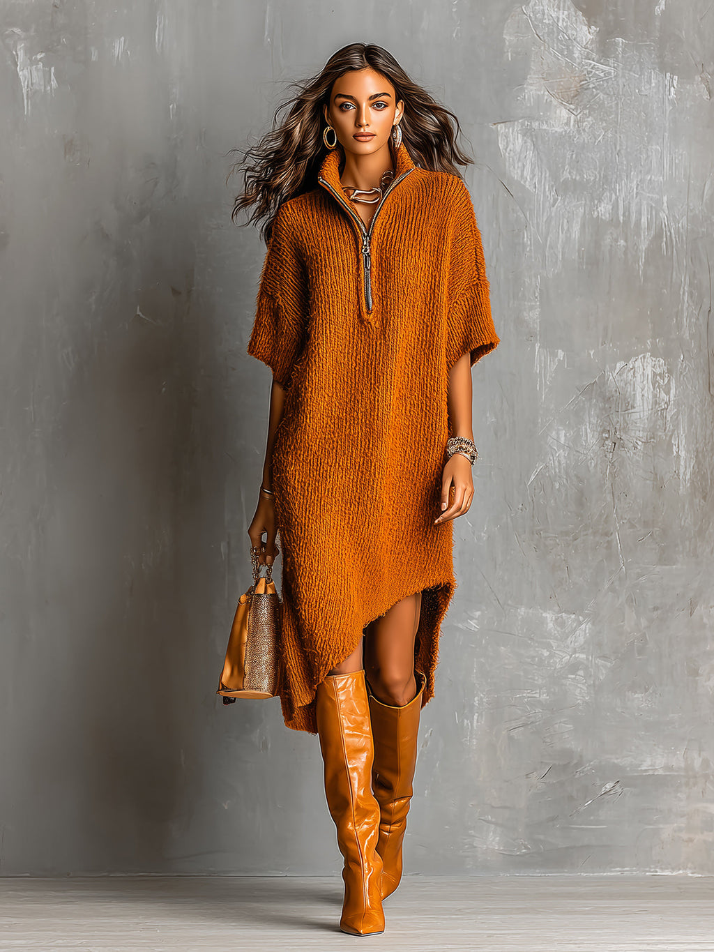 Vestido Midi Chic Casual Caramelo con Media Cremallera, Manga Corta y Dobladillo Asimétrico