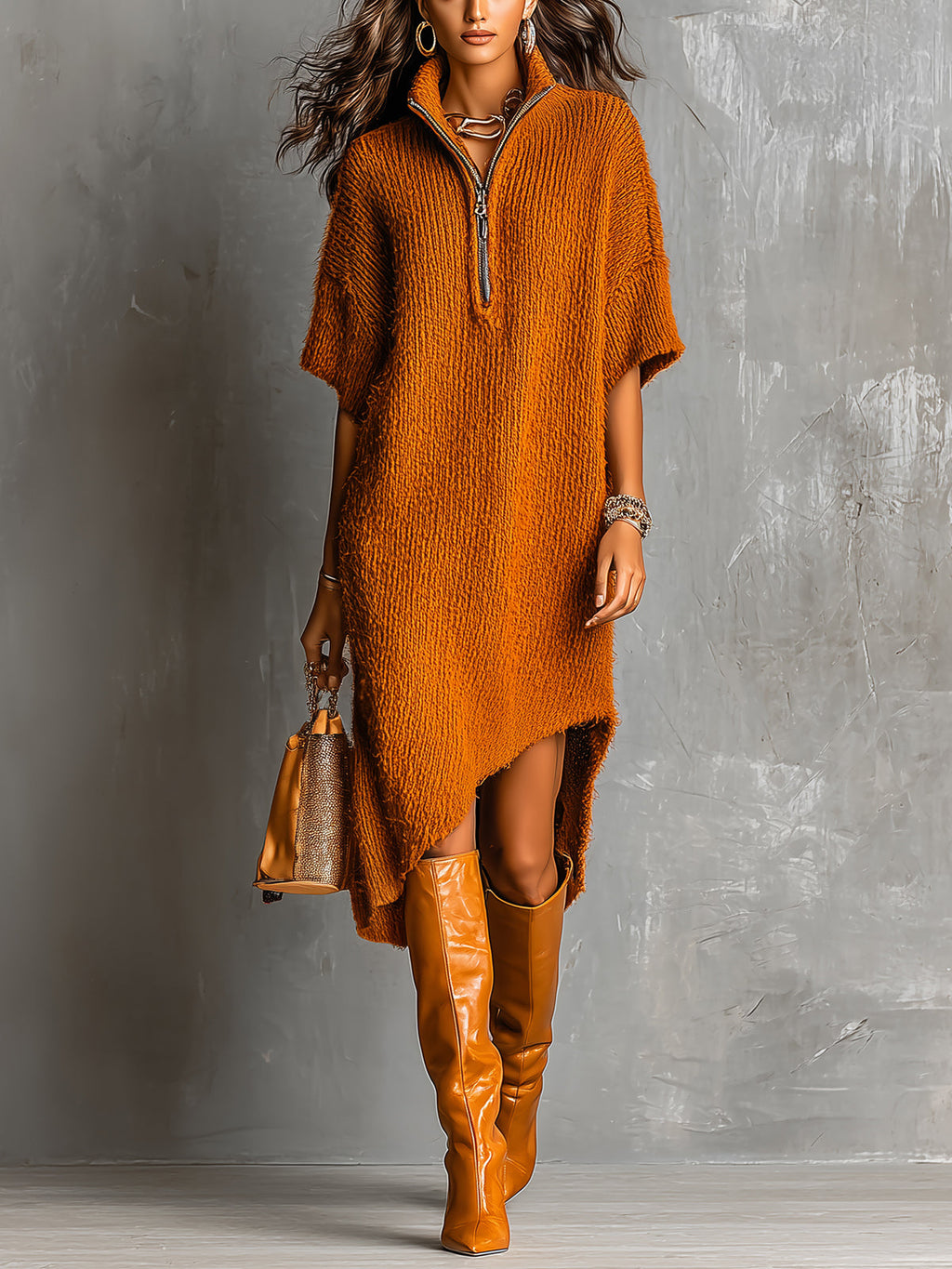 Vestido Midi Chic Casual Caramelo con Media Cremallera, Manga Corta y Dobladillo Asimétrico