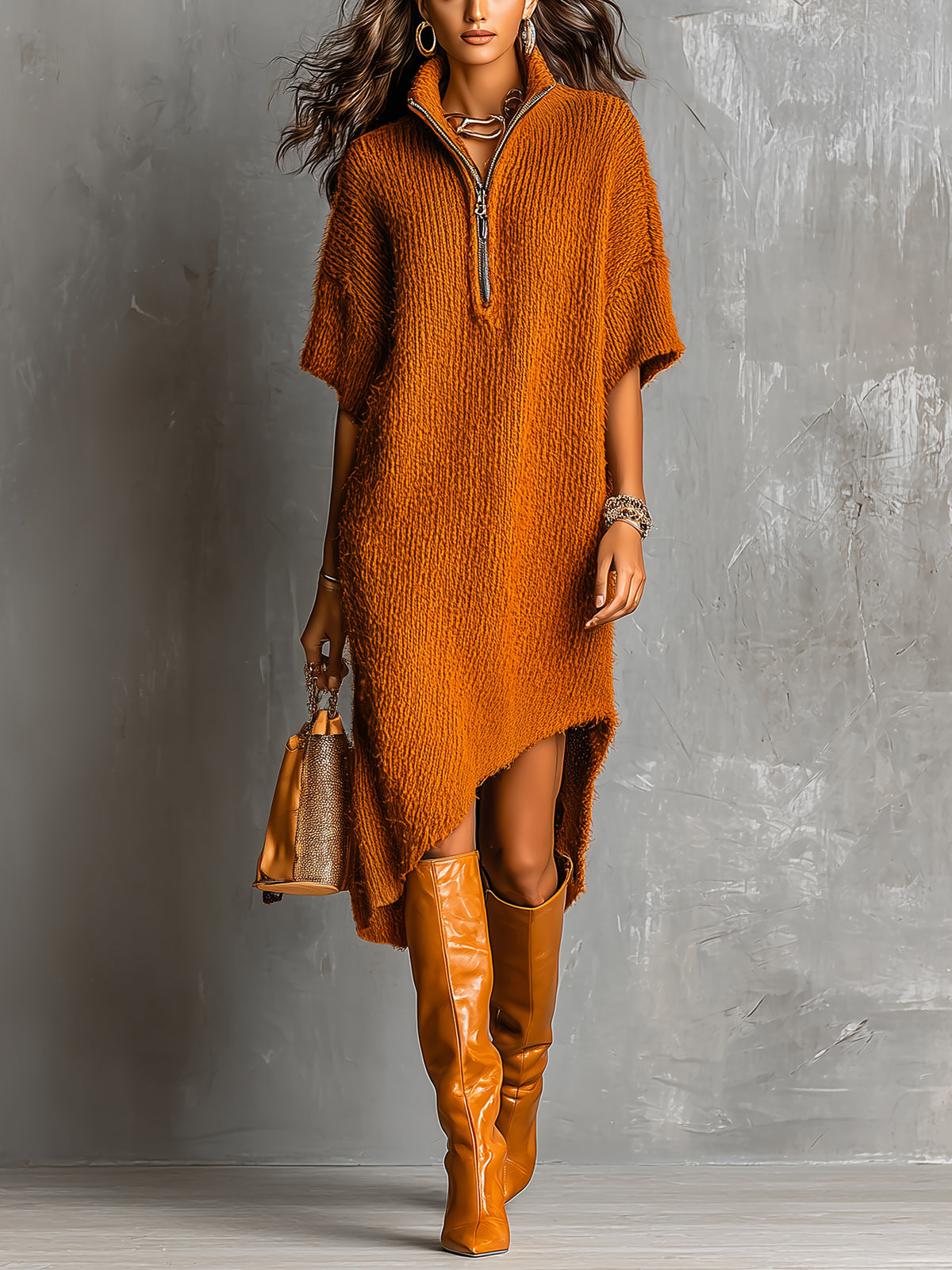 Vestido Midi Chic Casual Caramelo con Media Cremallera, Manga Corta y Dobladillo Asimétrico