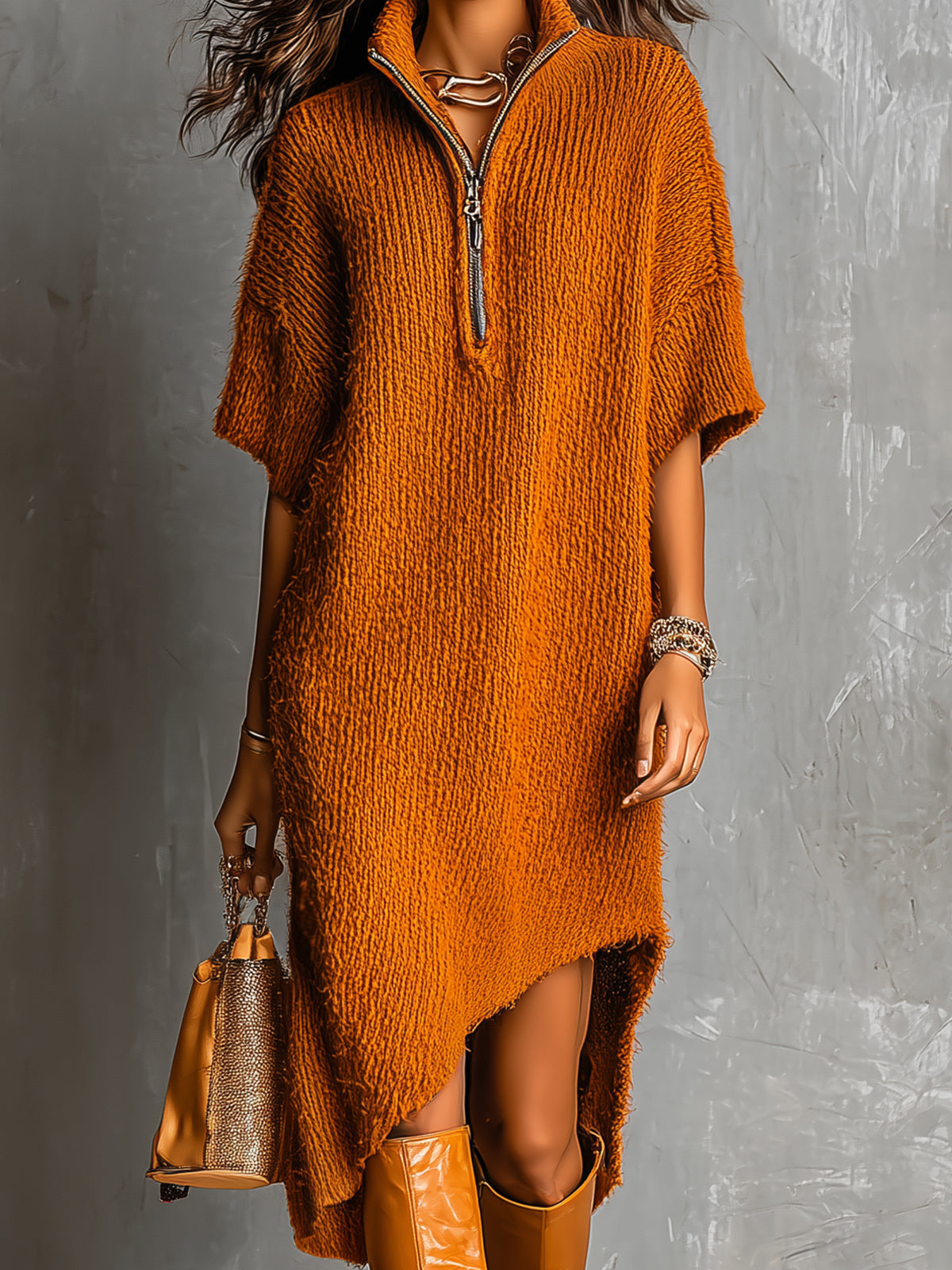 Vestido Midi Chic Casual Caramelo con Media Cremallera, Manga Corta y Dobladillo Asimétrico