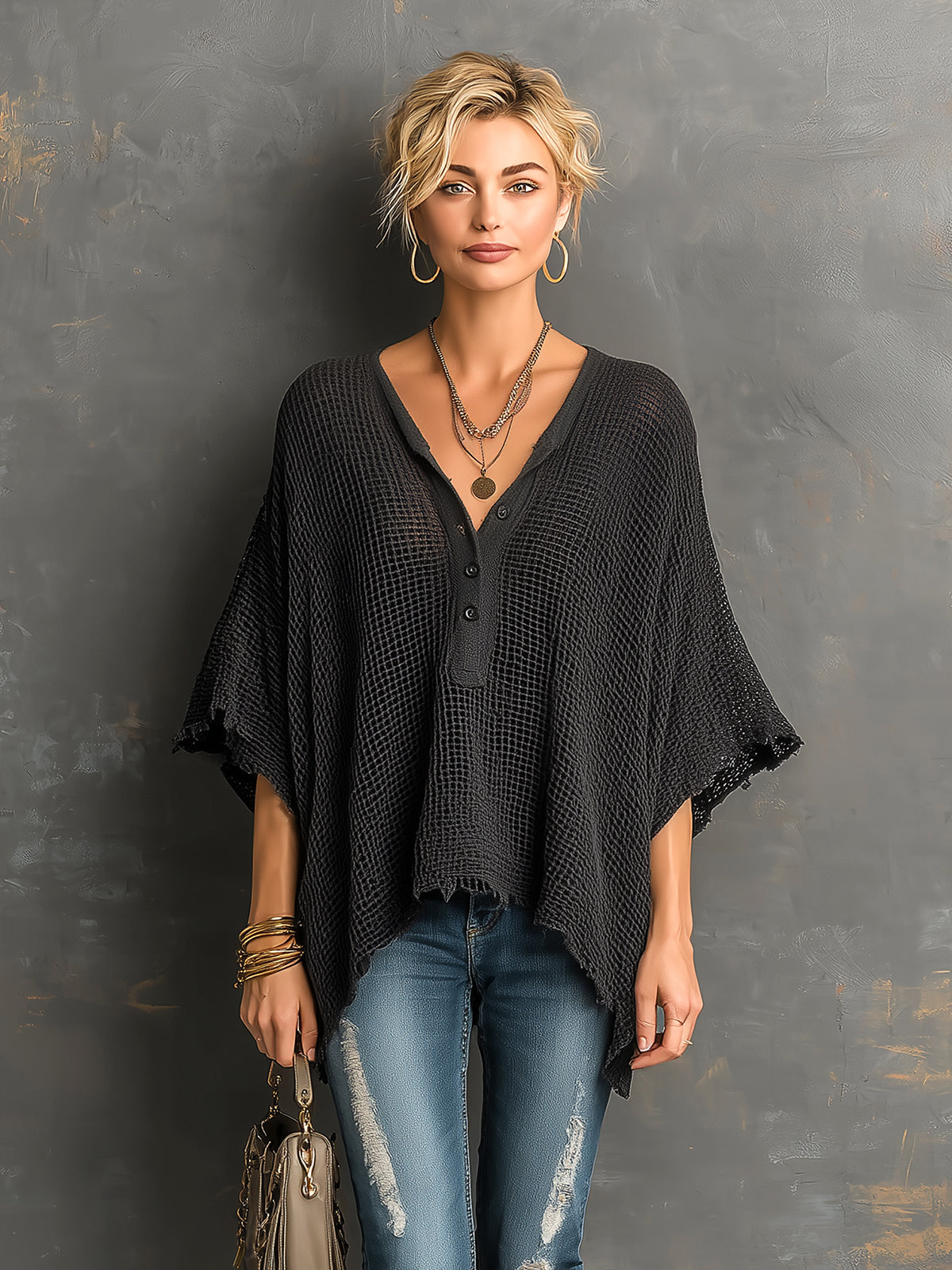Suéter Chic Casual Negro con Cuello Henley, Hombros Caídos y Mangas Murciélago