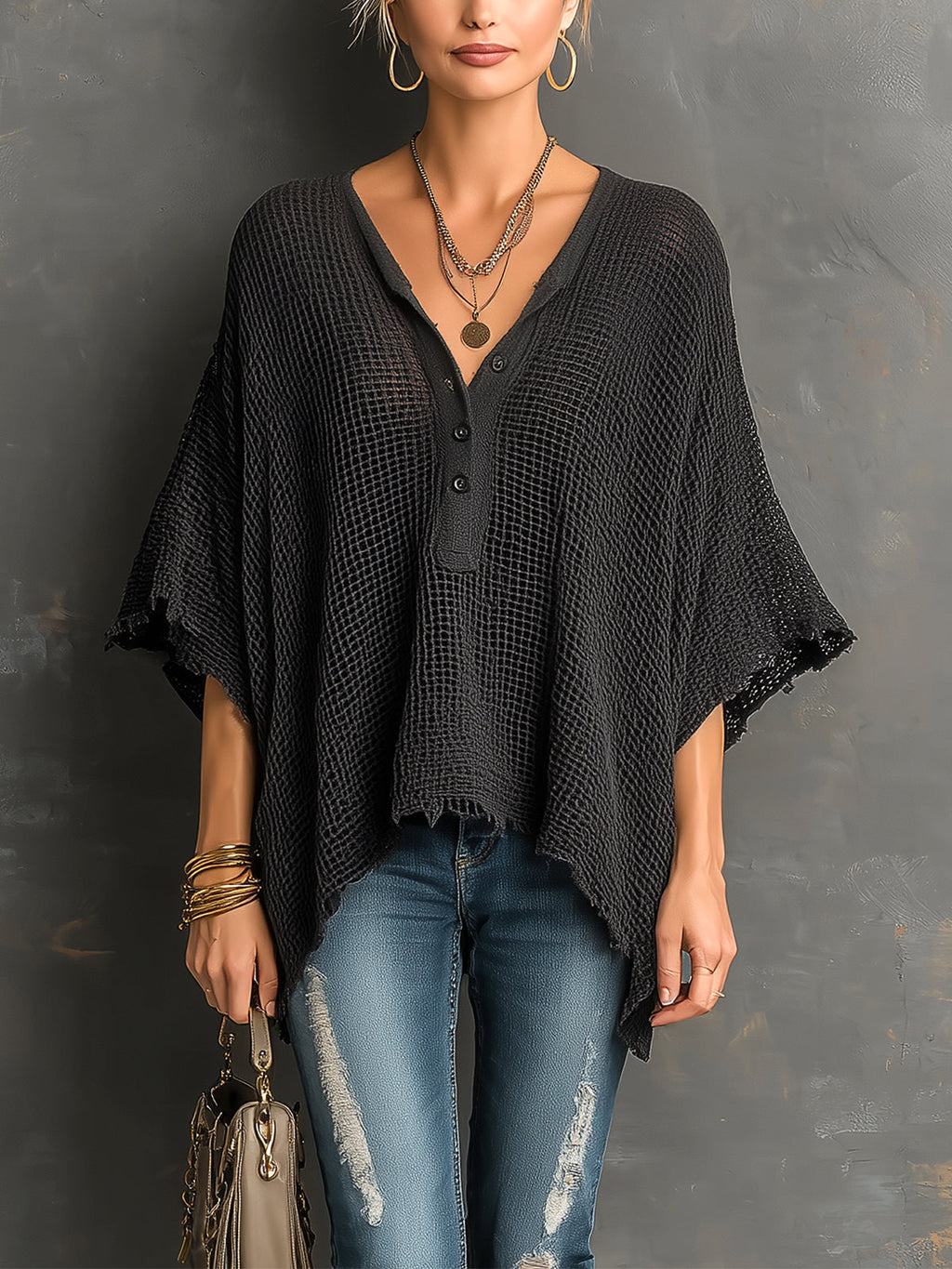 Suéter Chic Casual Negro con Cuello Henley, Hombros Caídos y Mangas Murciélago