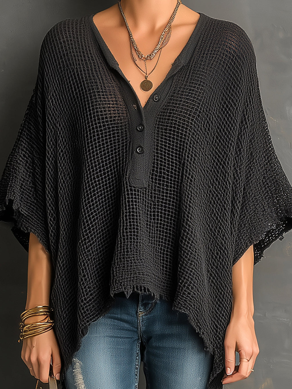 Suéter Chic Casual Negro con Cuello Henley, Hombros Caídos y Mangas Murciélago