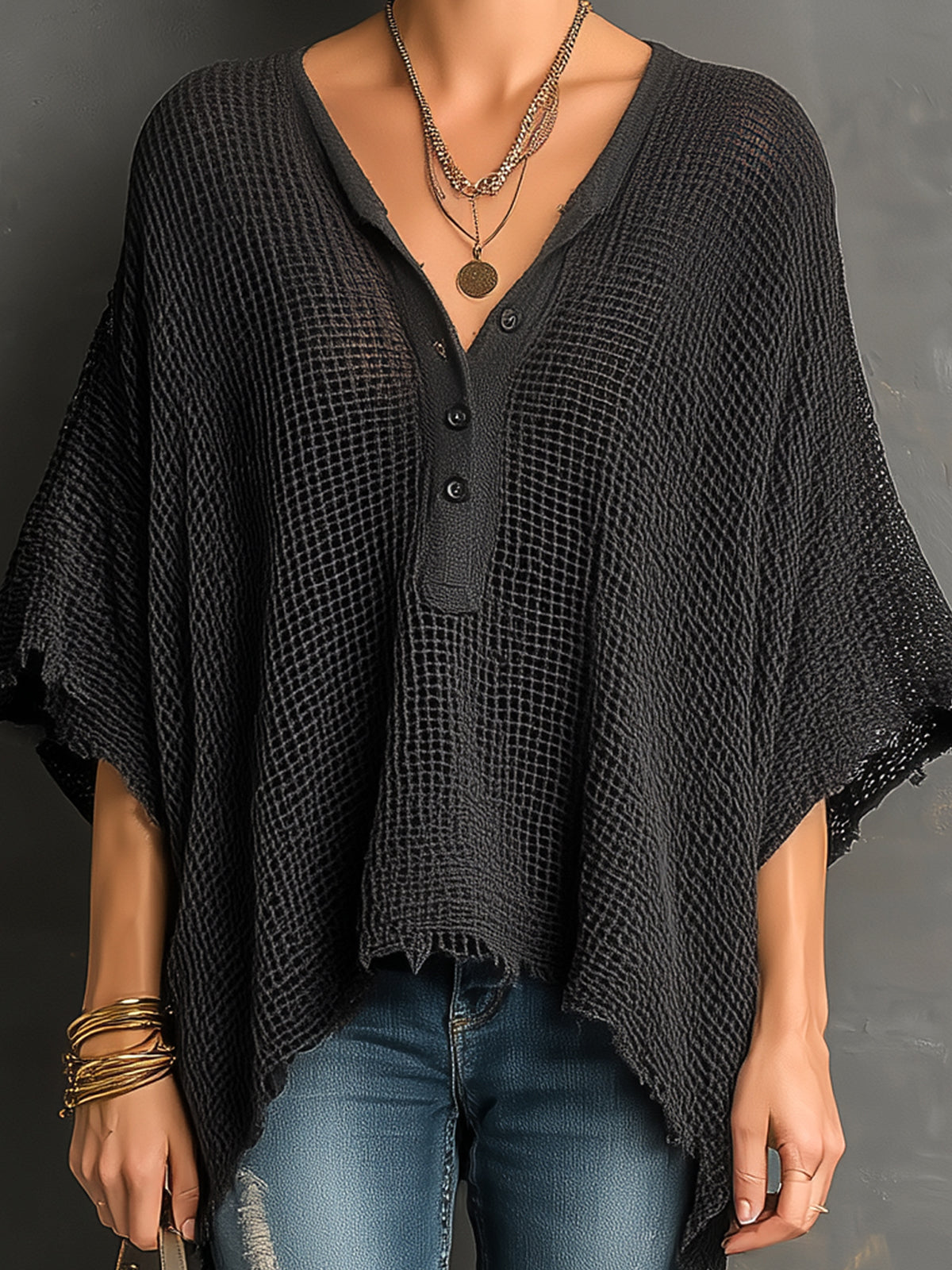 Suéter Chic Casual Negro con Cuello Henley, Hombros Caídos y Mangas Murciélago