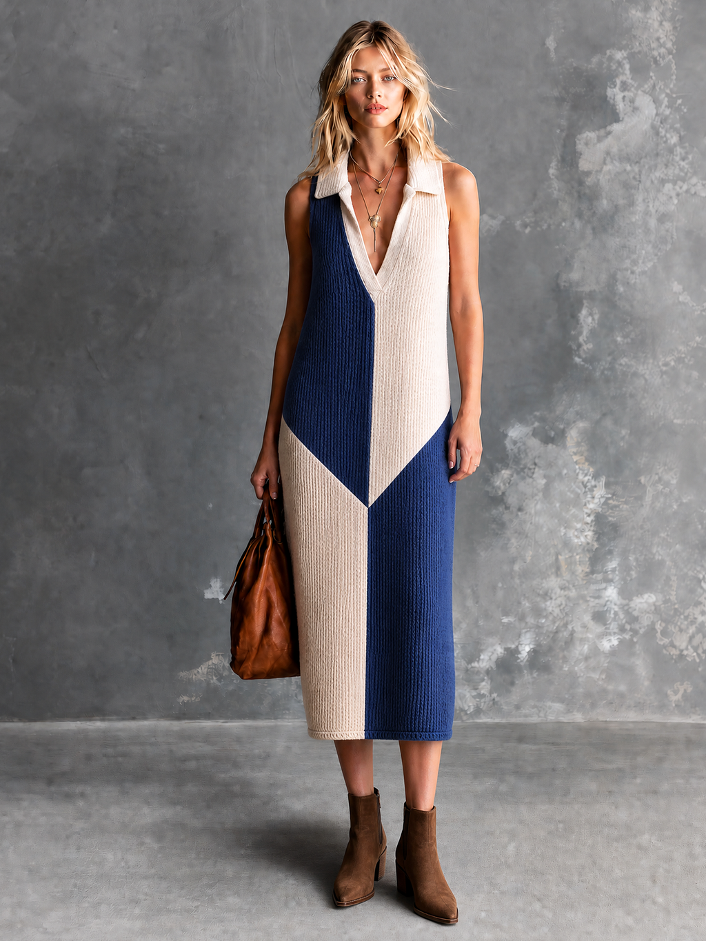 Vestido Midi Chic Elegante Colorblock Azul y Blanco con Cuello Solapa en V y sin Mangas