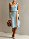 Vestido Midi Chic Elegante Azul en Mezcla de Mohair con Cuello Cuadrado y Ribete Café