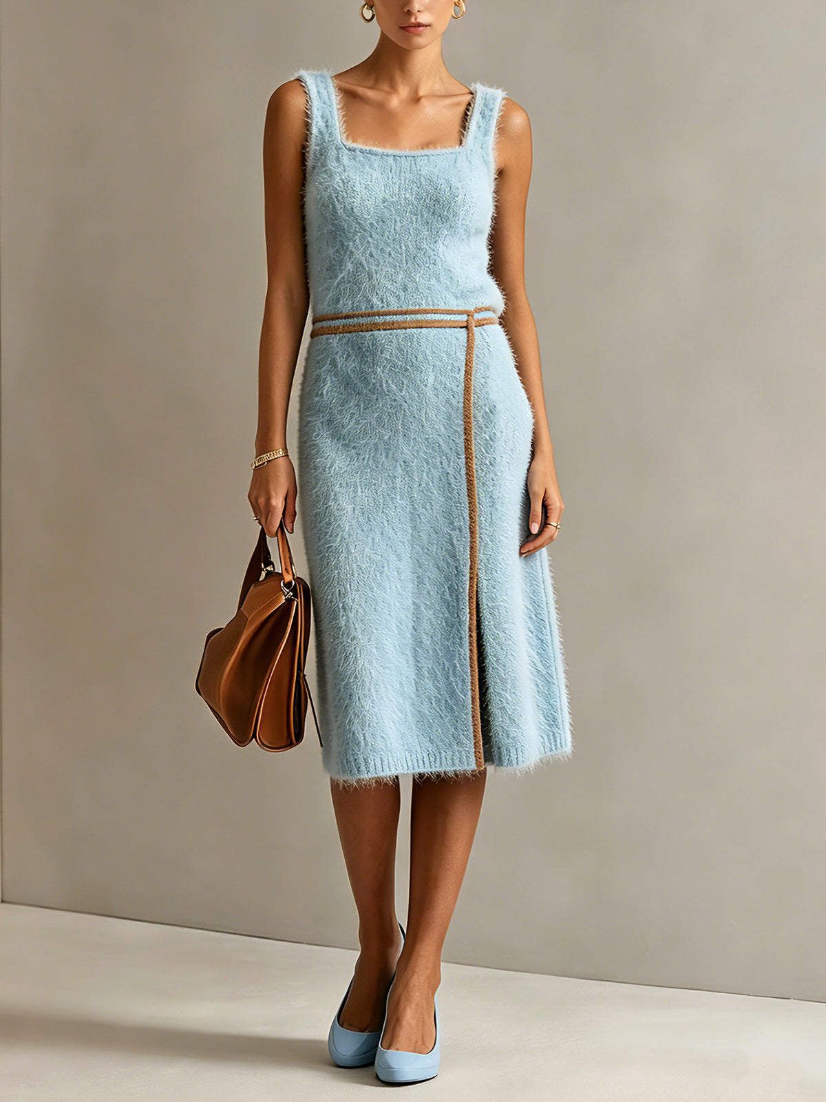 Vestido Midi Chic Elegante Azul en Mezcla de Mohair con Cuello Cuadrado y Ribete Café