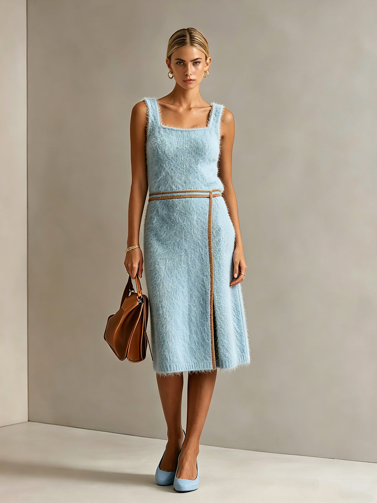 Vestido Midi Chic Elegante Azul en Mezcla de Mohair con Cuello Cuadrado y Ribete Café