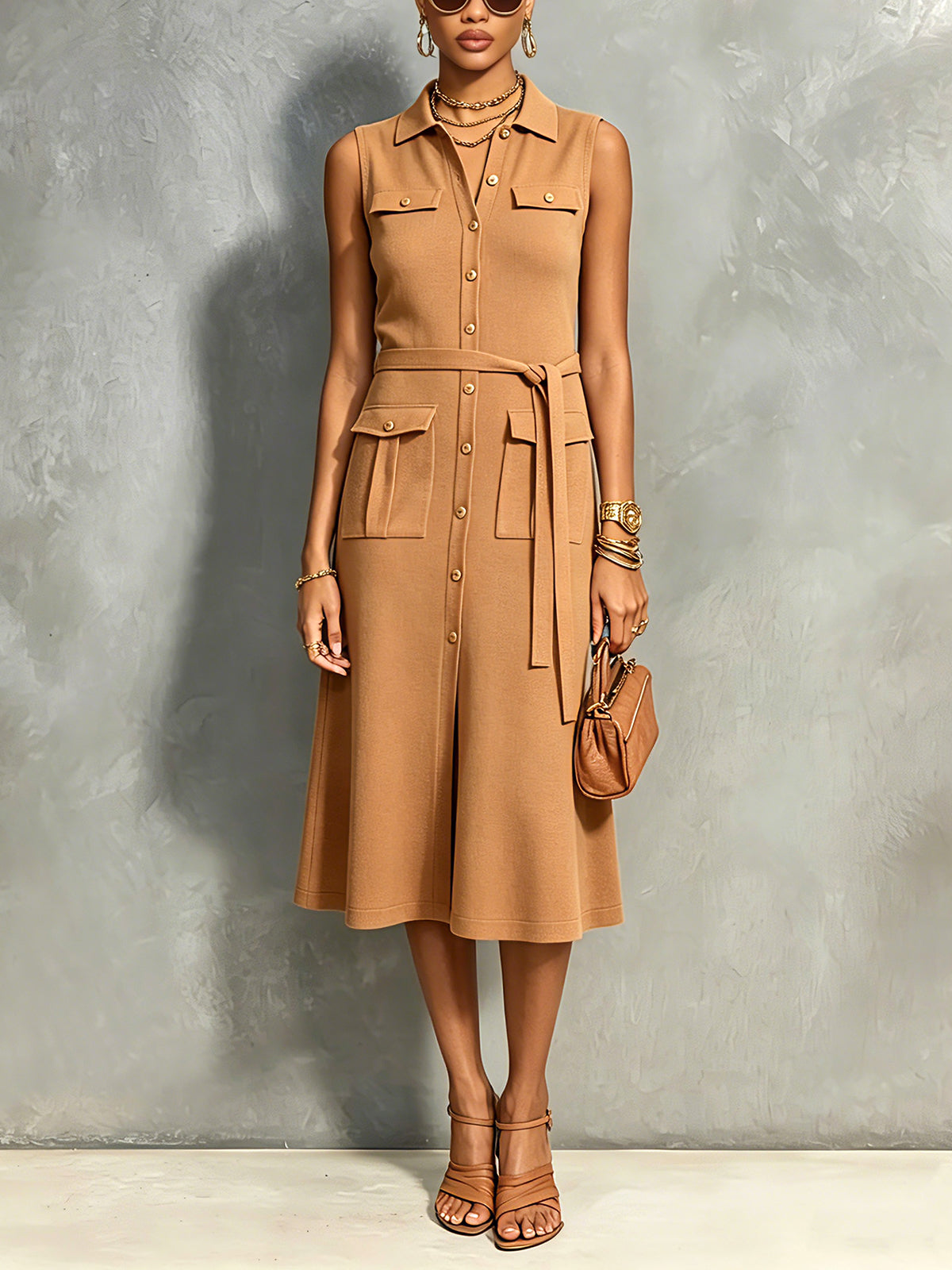 Vestido Midi Chic Elegante Camel con Cuello Solapa, Botonadura, Cintura Lazada y Múltiples Bolsillos