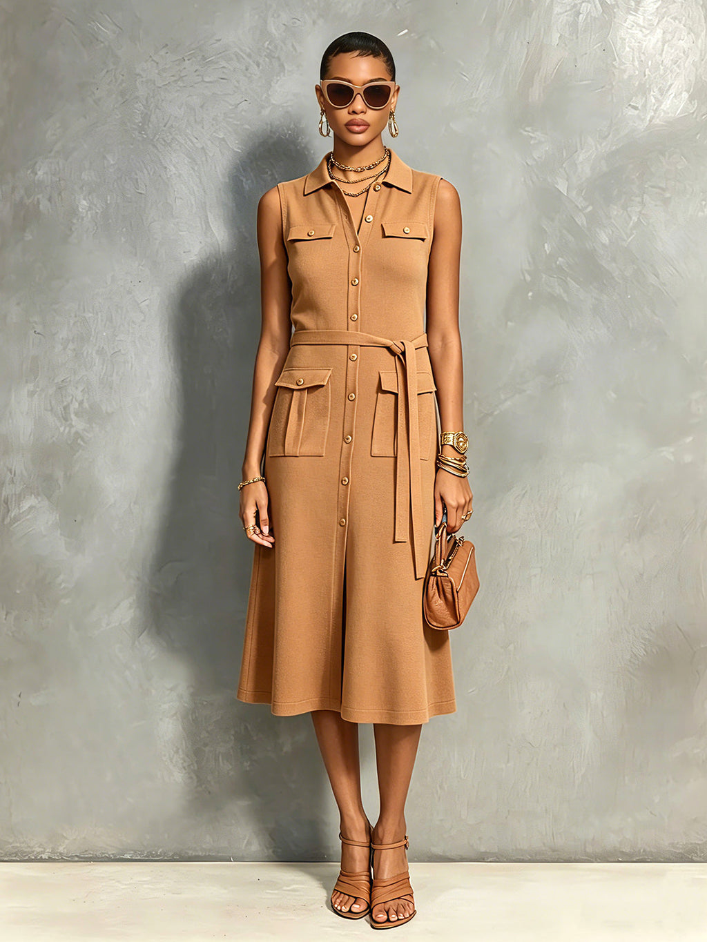 Vestido Midi Chic Elegante Camel con Cuello Solapa, Botonadura, Cintura Lazada y Múltiples Bolsillos
