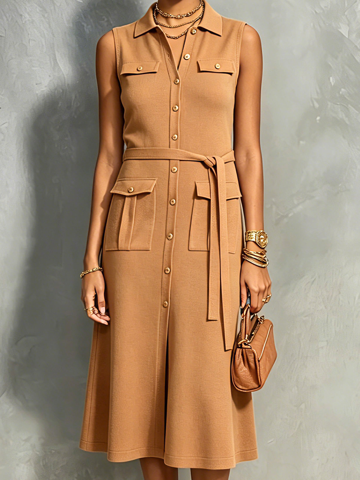 Vestido Midi Chic Elegante Camel con Cuello Solapa, Botonadura, Cintura Lazada y Múltiples Bolsillos