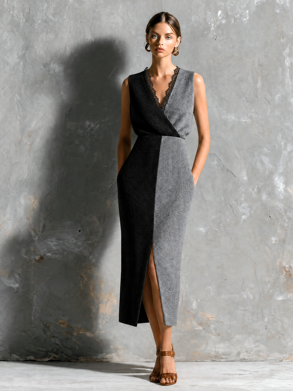 Vestido Midi Chic Elegante Colorblock Negro y Gris con Cuello en V Cruzado y Encaje