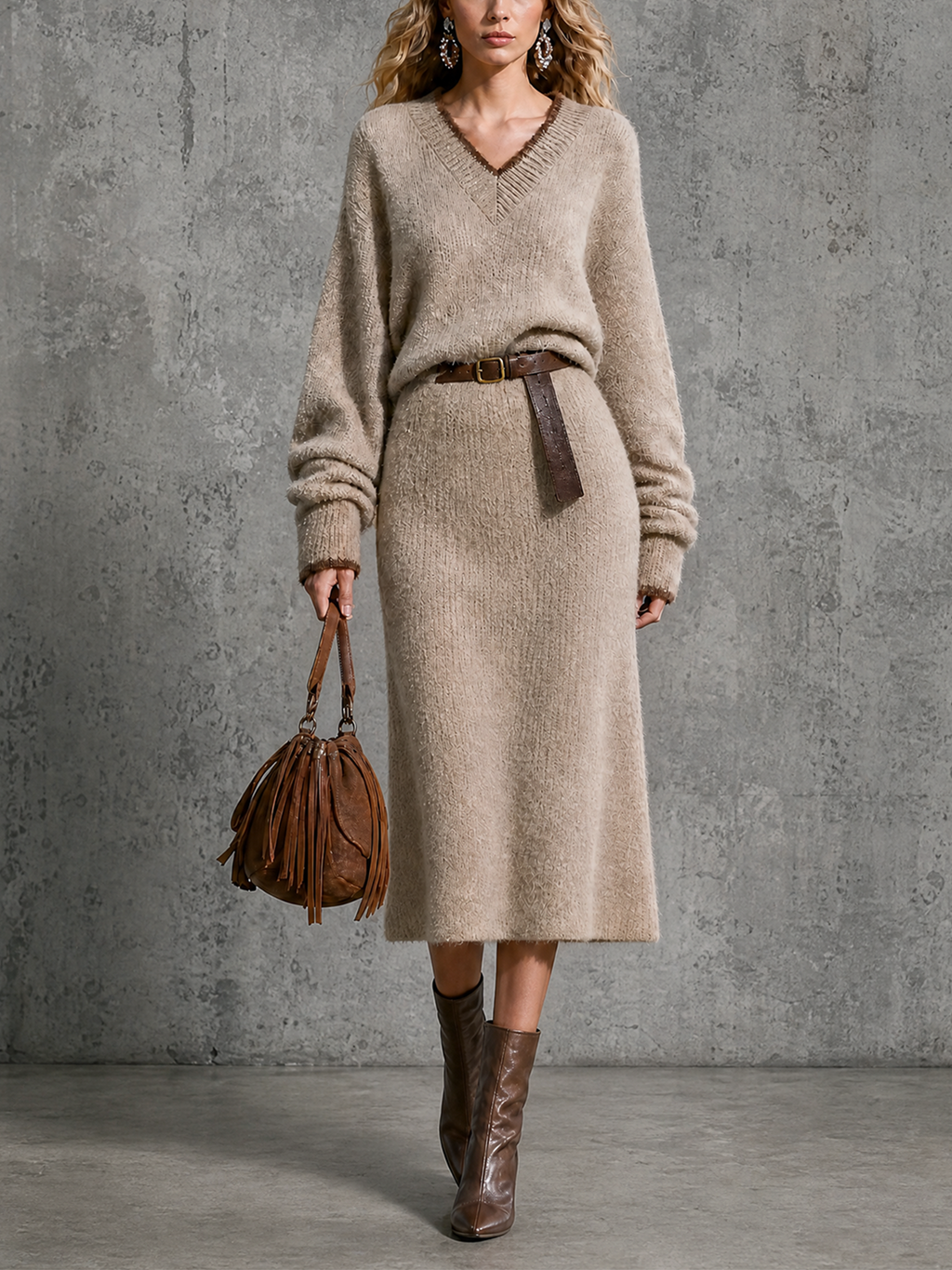 Vestido Midi Chic Elegante Beige Avena con Cuello en V, Ribete en Contraste y Cinturón