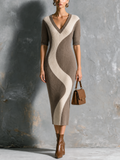 Vestido Midi Chic Elegante Colorblock Blanco Roto y Taupe con Jacquard Ondulado y Manga Corta