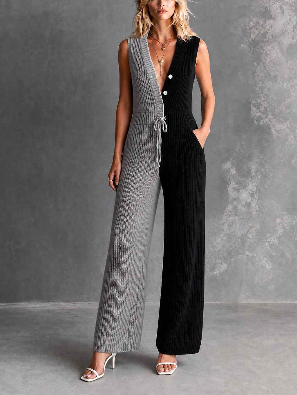 Mono Chic Elegante Negro y Gris con Cuello en V, Botonadura y Pierna Ancha